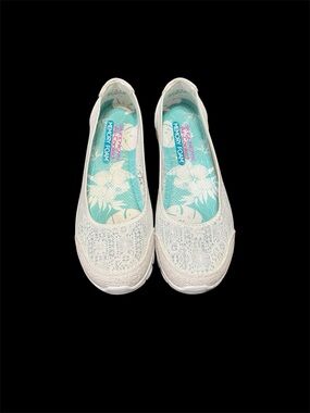 Skechers Ez Flex 3.0 Majesty Slip On Flats Shoes Floral White Lace Womens Sz. 10